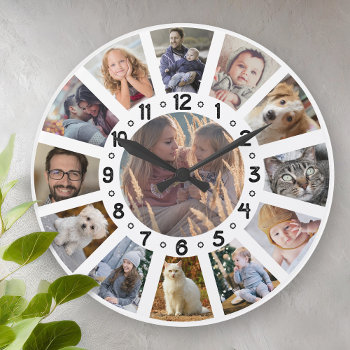 Family Photo Collage 13 Pics With Numbers Easy Large Clock by PictureCollage at Zazzle