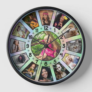 Family Photo Collage 13 Retro Green Tie-Dye Custom Clock