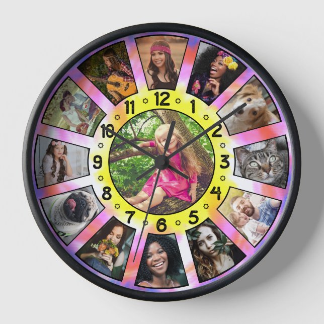 Family Photo Collage 13 Retro Tie-Dye Custom Easy Clock (Front)
