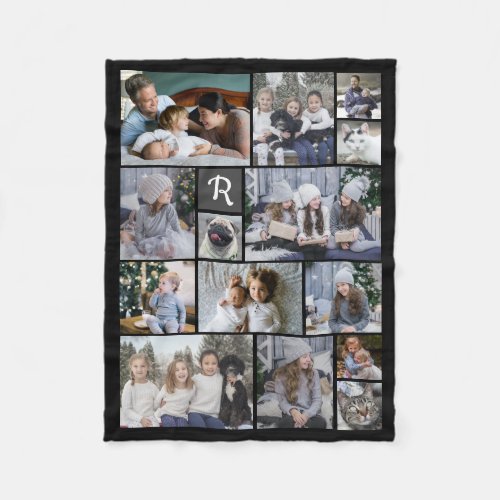 Family Photo Collage 14 Pics  Monogram Black Easy Fleece Blanket