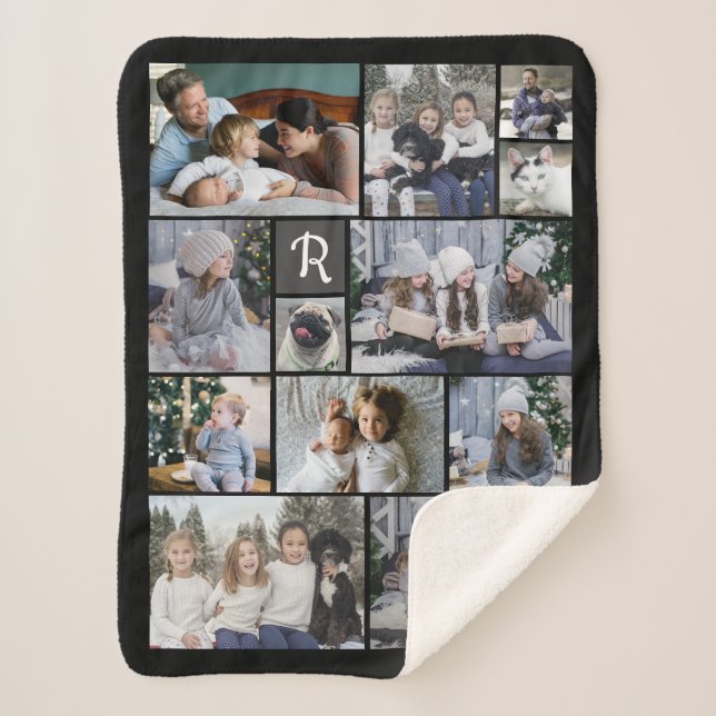 Family Photo Collage 14 Pics + Monogram Black Easy Sherpa Blanket (Front)