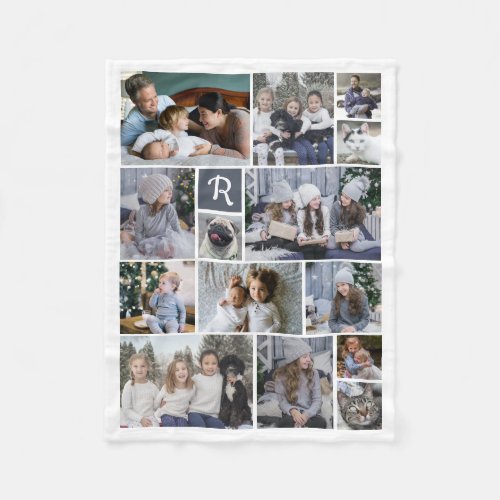 Family Photo Collage 14 Pics  Monogram White Easy Fleece Blanket