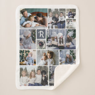 Family Photo Collage 14 Pics + Monogram White Easy Sherpa Blanket