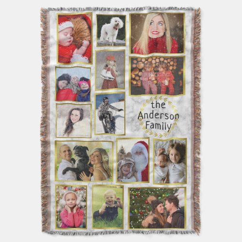 Family Photo Collage 14 Pictures Marble Gold Easy Throw Blanket