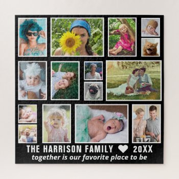 Family Photo Collage 15 Custom Black White Square Jigsaw Puzzle by PictureCollage at Zazzle