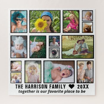 Family Photo Collage 15 Custom White Black Square Jigsaw Puzzle by PictureCollage at Zazzle