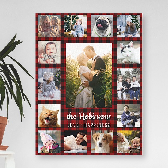 Family Photo Collage 15 + Name Red Buffalo Plaid Canvas Print (Creator Uploaded)