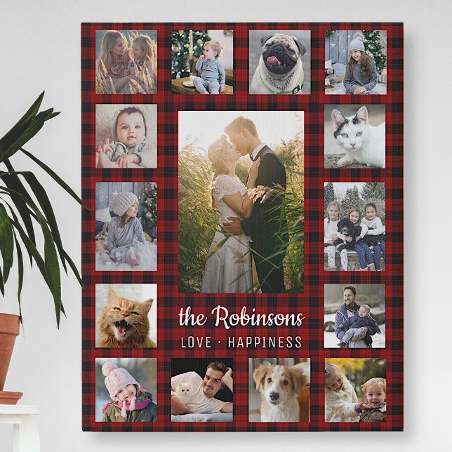 Family Photo Collage 15 + Name Red Buffalo Plaid Faux Canvas Print (Creator Uploaded)