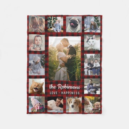 Family Photo Collage 15 + Name Red Buffalo Plaid