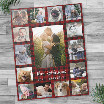 Family Photo Collage 15   Name Red Buffalo Plaid Fleece Blanket by PictureCollage at Zazzle