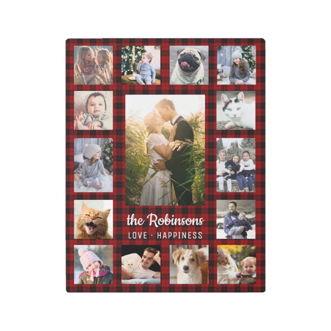 Family Photo Collage 15 + Name Red Buffalo Plaid Metal Print (Front)