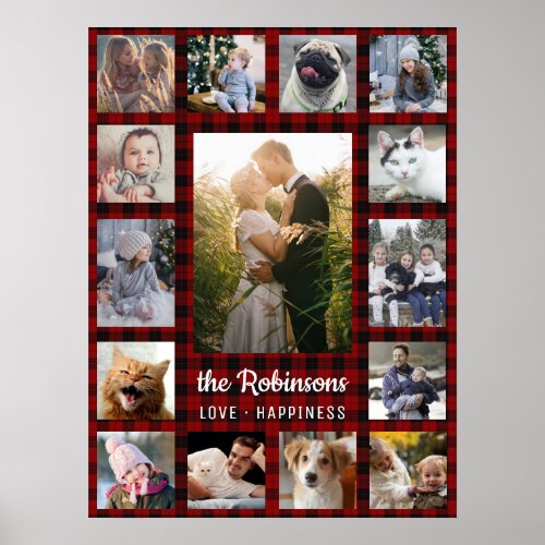 Family Photo Collage 15  Name Red Buffalo Plaid Poster