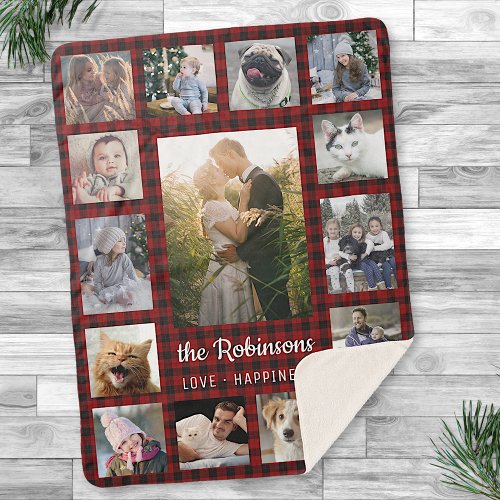 Family Photo Collage 15  Name Red Buffalo Plaid Sherpa Blanket