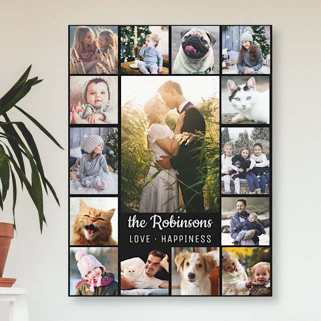 Family Photo Collage 15 Pictures + Name Black Easy Canvas Print (Creator Uploaded)