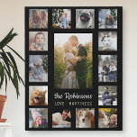 Family Photo Collage 15 Pictures   Name Black Easy Faux Canvas Print<br><div class="desc">Display your family or wedding memories with this beautiful photo collage design. This design includes one large central vertical photo, along with 2 smaller vertical photos and 12 square Instagram-style pictures. Add your name in very light gray. The words "Love - Happiness" can also be changed or left as-is (they...</div>