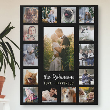 Family Photo Collage 15 Pictures   Name Black Easy Faux Canvas Print by PictureCollage at Zazzle