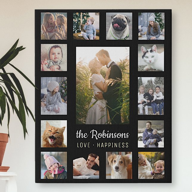 Family Photo Collage 15 Pictures + Name Black Easy Faux Canvas Print (Creator Uploaded)