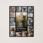 Family Photo Collage 15 Pictures   Name Black Easy Jigsaw Puzzle<br><div class="desc">Celebrate your family or wedding memories with this beautiful photo collage jigsaw puzzle. This design includes one large central vertical photo, along with 2 smaller vertical photos and 12 square Instagram-style pictures. Add your name in very light gray. The words "Love - Happiness" can also be changed or left as-is...</div>