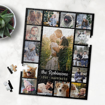 Family Photo Collage 15 Pictures   Name Black Easy Jigsaw Puzzle by PictureCollage at Zazzle