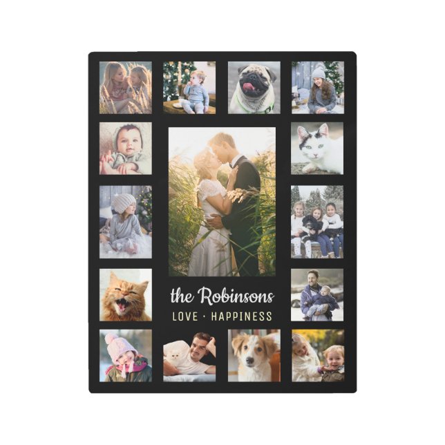 Family Photo Collage 15 Pictures + Name Black Easy Metal Print (Front)
