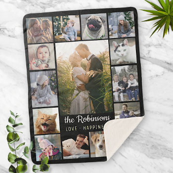 Family Photo Collage 15 Pictures   Name Black Easy Sherpa Blanket by PictureCollage at Zazzle