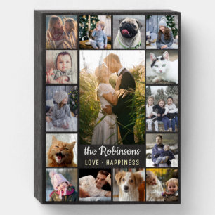 Family Photo Collage 15 Pictures + Name Black Easy Wooden Box Sign