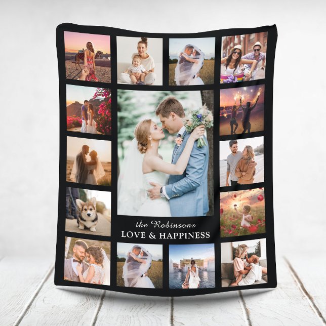 Family Photo Collage 15 Pictures + Name Black Fleece Blanket (Creator Uploaded)