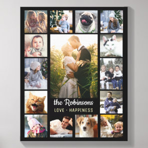 Family Photo Collage 15 Pictures + Name Black Gray Canvas Photo Tile