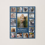 Family Photo Collage 15 Pictures Name Blue Floral Jigsaw Puzzle<br><div class="desc">Celebrate your family or wedding memories with this beautiful photo collage jigsaw puzzle. This design includes one large central vertical photo, along with 2 smaller vertical photos and 12 square Instagram-style pictures. Each photo has a thin white frame around it. The background includes a flower pattern in blue. Add your...</div>