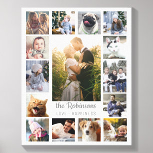 Family Photo Collage 15 Pictures + Name Gray White Canvas Photo Tile