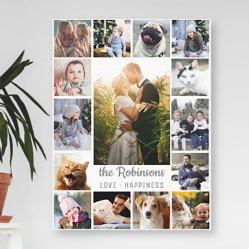 Family Photo Collage 15 Pictures   Name Gray White Canvas Print by PictureCollage at Zazzle