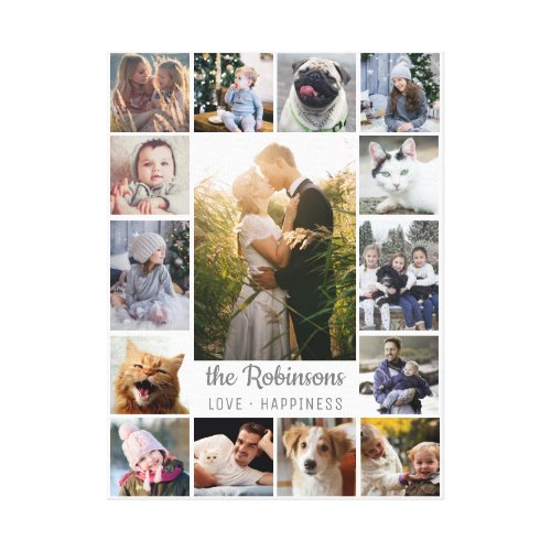 Family Photo Collage 15 Pictures + Name Gray White