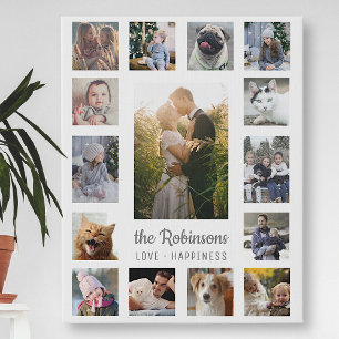 Family Photo Collage 15 Pictures + Name Gray White Faux Canvas Print