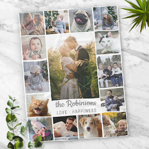 Family Photo Collage 15 Pictures + Name Gray White Fleece Blanket