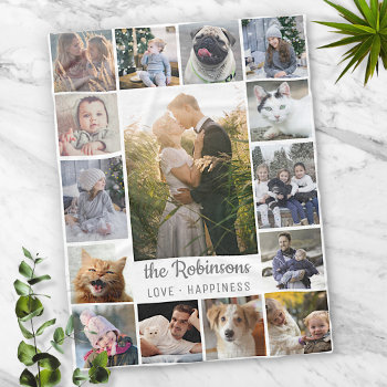 Family Photo Collage 15 Pictures   Name Gray White Fleece Blanket by PictureCollage at Zazzle