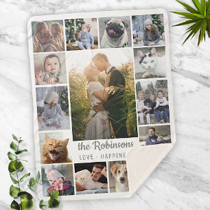 Family Photo Collage 15 Pictures + Name Gray White Sherpa Blanket