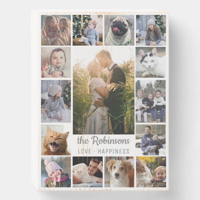 Family Photo Collage 15 Pictures + Name Gray White Wooden Box Sign (Front Vertical)