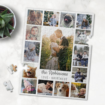 Family Photo Collage 15 Pictures   Name White Easy Jigsaw Puzzle by PictureCollage at Zazzle