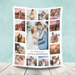 Family Photo Collage 15 Pictures   Name White Fleece Blanket<br><div class="desc">Celebrate your family or wedding memories with this beautiful photo collage fleece blanket! This design includes one large central vertical photo and 14 square pictures. Add your Family name. The words "Love and Happiness" can also be changed!</div>