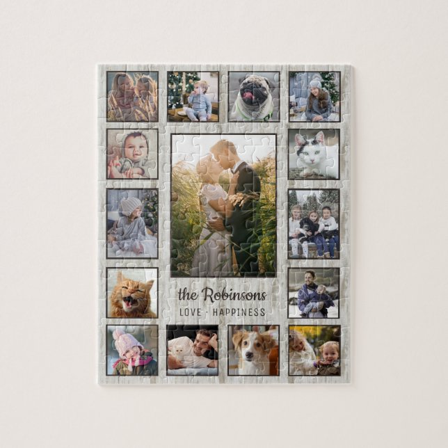 Family Photo Collage 15 Pictures Name Wood Grain Jigsaw Puzzle (Vertical)