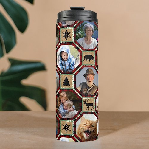Family Photo Collage 15 Red Black Buffalo Plaid Thermal Tumbler