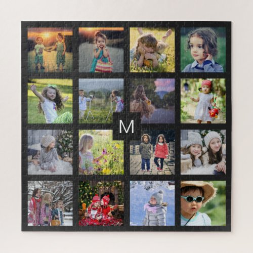 Family photo collage 16 photos monogrammed jigsaw puzzle