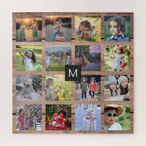Family photo collage 16 photos on wood monogrammed jigsaw puzzle