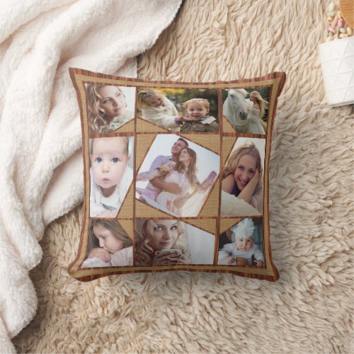 Family Photo Collage 18 Instagram Pics Wood Burlap Throw Pillow