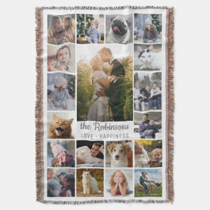 Family Photo Collage 19 Pictures + Name Gray White Throw Blanket