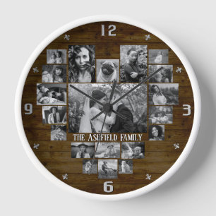 Family Photo Collage 20 B&W Heart Pics + Name Wood Clock