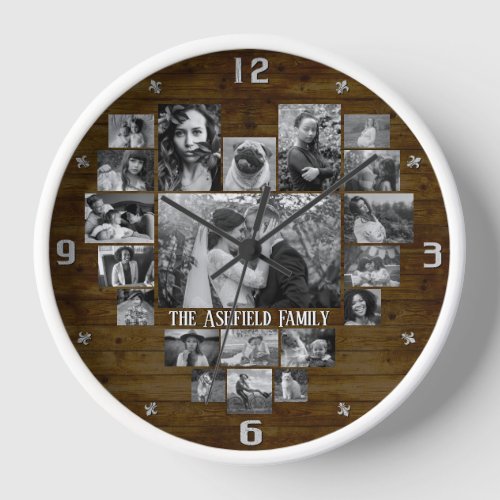 Family Photo Collage 20 BW Heart Pics  Name Wood Clock