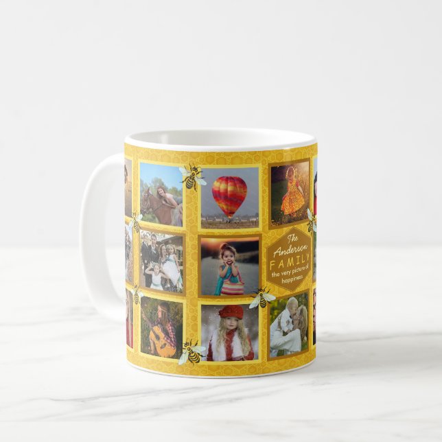 Family Photo Collage 20 Pictures + Name Honeybees Coffee Mug (Front Left)