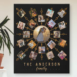 Family Photo Collage 21 Pictures Black Gold   Name Faux Canvas Print<br><div class="desc">This beautiful vertical faux wall canvas has room for 21 of your square, Instagram - style photos. It has a unique circular design in black with faux (printed) gold glitter frames. 20 of your own photographs circle around one larger photo in the center. It's perfect for displaying family pictures or...</div>