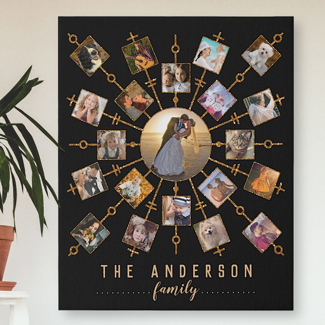 Family Photo Collage 21 Pictures Black Gold + Name Faux Canvas Print (Creator Uploaded)
